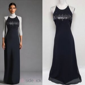 Cachet Black Silver Beaded Racerback Maxi Dress Prom Gown Cocktail Party Dress